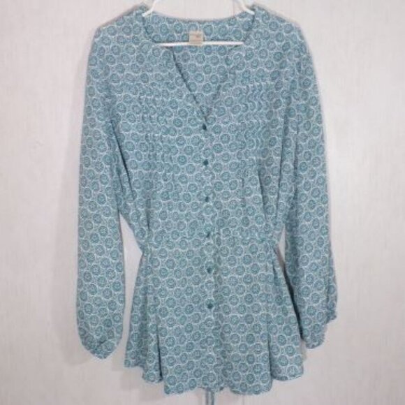 Terra & Sky Womens Blouse Top Size 1X 16W-18W Teal V Neck Long Sleeve Tie Back - Picture 1 of 5